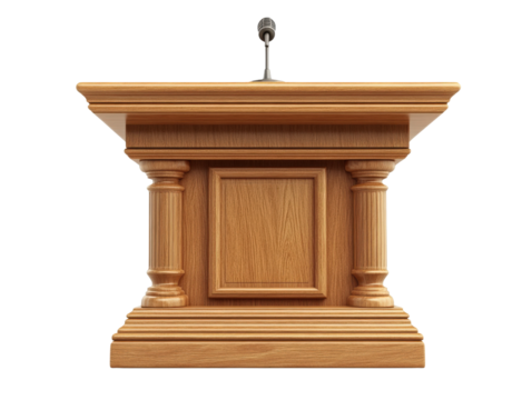 Wooden podium with microphone, white isolate background.