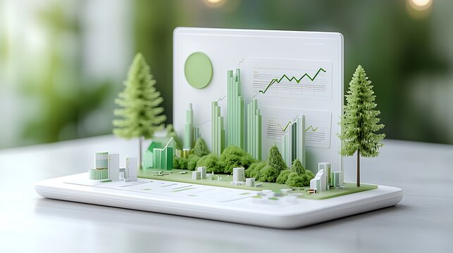 Innovative sustainable urban landscape a 3d model showcasing green buildings and nature integration for future cities