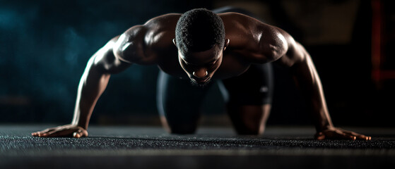 Intense workout session focused athlete performing push-ups in a dramatic setting to build strength and endurance