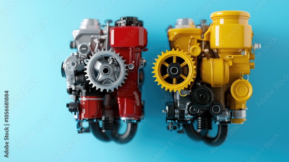 Poster a bright comparison of ice engines and gas engines in standard scale
