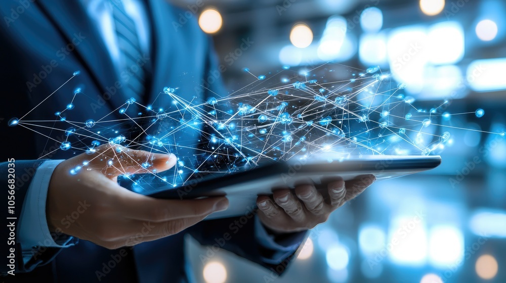 Poster network administrator analyzing complex network diagram on digital tablet