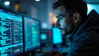 A focused professional analyzing code on dual monitors in a modern tech workspace at night
