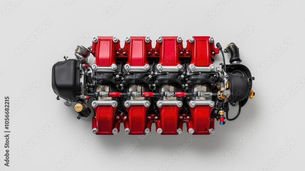 Poster closeup view of a high-performance ice engine intake manifold on a minimalist background