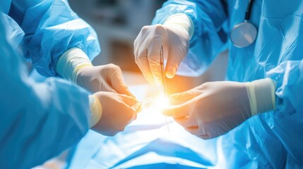 Closeup view of surgical procedure with medical technologists in action