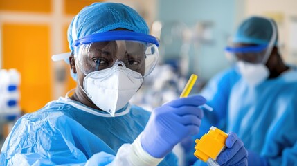 Focused closeup of a medical technologist in protective gear handling equipment