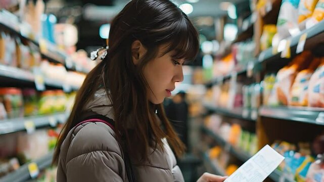 This shopper focuses intently on a product label while surrounded by various goods.