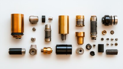 Disassembled pistons and cylinders from an ice engine in standard scale arrangement