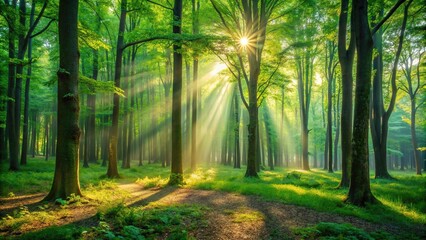 Obraz premium A lush forest with tall trees and vibrant green foliage, sunlight filtering through the leaves creating dappled patterns on the ground, foliage, nature, leafy canopy, serene landscape, tree-lined path