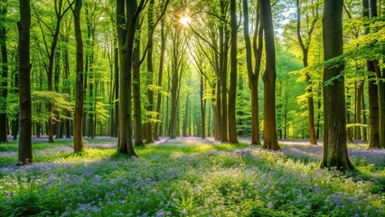 Obraz premium A lush green forest with tall trees and a carpet of wildflowers, foliage, field, branches, roots