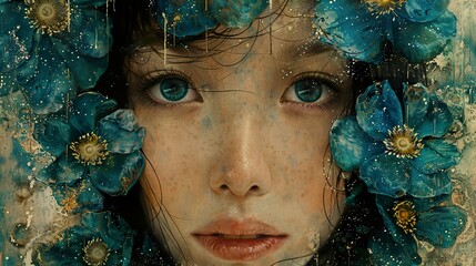 Woman with Blue Flowers - Dreamy Portrait Art