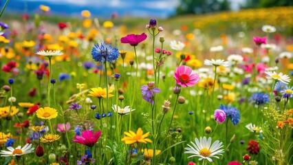 Obraz premium A lush meadow filled with colorful wildflowers of various shapes and sizes, swaying gently in the breeze., colorful, grasses