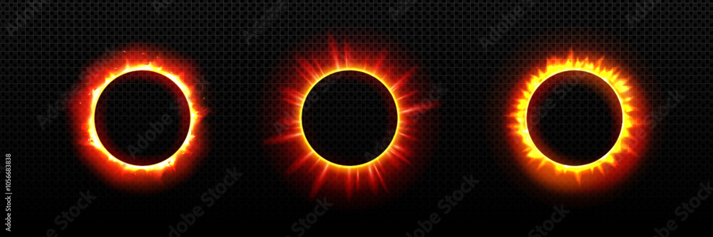 Poster luminous solar eclipse variations with moon covering sun creating different orange and red neon and 