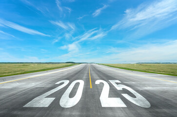 Inscription on the runway 2025 surface of the airport road with take off big airplane enjoy travel...