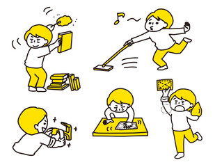 磨く・拭く・はたく　いろいろな掃除をする人物セット（2色）