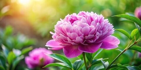 Fototapeta premium A pink peony flower with lush green leaves and delicate purple undertones in a picturesque garden, bloom, nature, pink peonies