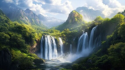 Fototapeta premium Majestic Waterfall in a Lush Mountain Valley