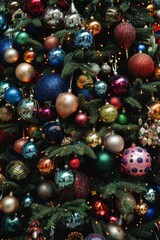 A tree full of colorful Christmas ornaments. The tree is decorated with many different colored ornaments, including some that are shaped like stars. Scene is festive and joyful