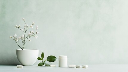 artisanal herbal medicine display, cream-colored capsules, crisp white vessel, verdant tea leaves, textured pale background, natural remedy aesthetic