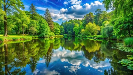 Fototapeta premium A serene and peaceful pond surrounded by lush greenery and tall trees, reflecting the vibrant colors of the surrounding environment, aquatic life, nature photography, natural scenery, greenery