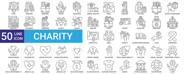 Charity icon collection set with food, 
medicine, donation, cooperation, human resources