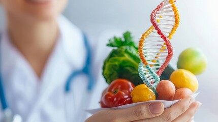 close-up of food dna model held by researcher hands, rich palette of natural ingredients, minimalist composition, highlighting nutrigenomics concept