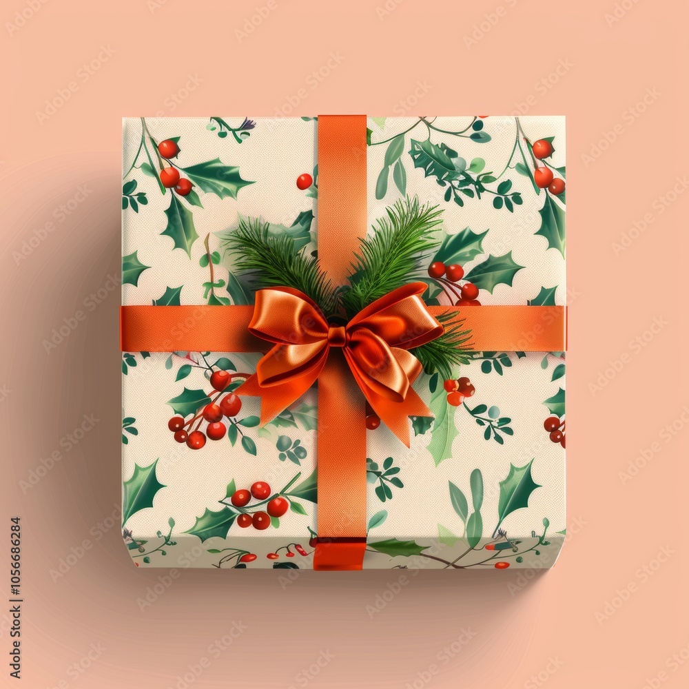Poster a box with a bow and a red ribbon on it. the box is decorated with a christmas tree and berries