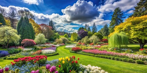 A sprawling garden filled with blooming flowers, lush greenery, and towering trees set against a clear blue sky with fluffy white clouds on a sunny spring day, landscape, clouds