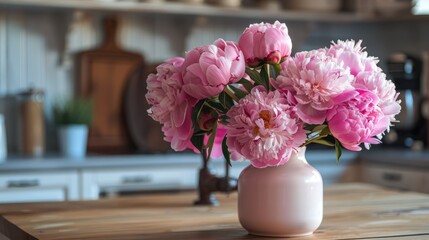 Pink peony flower arrangement in kitchen. Space for text.