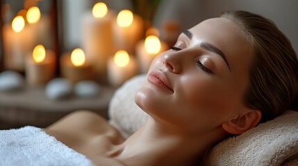 Serene Woman Relaxing in Spa with Candles