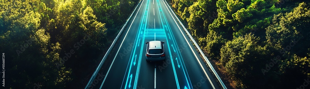 Poster Futuristic Self-Driving Car on High-Tech Highway with Lush Green Surrounding. : Generative AI