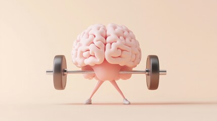 3d render cartoon brain character, weightlifting pose, pink brain texture, metallic barbell, beige background, mental fitness concept