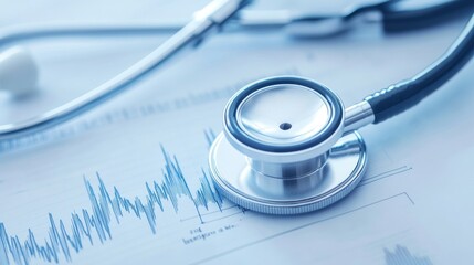 stethoscope on medical chart, glowing heart rate graph overlay, soft blue tones, healthcare technology concept, shallow depth of field, clinical environment, modern medical diagnostics visualization