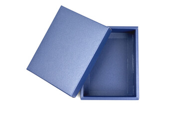 Top view, open dark blue gift box isolated on a white background. Gift box concept for happy birthday, thank you, congratulation, mother's day, anniversary, Valentine's day, and holiday..