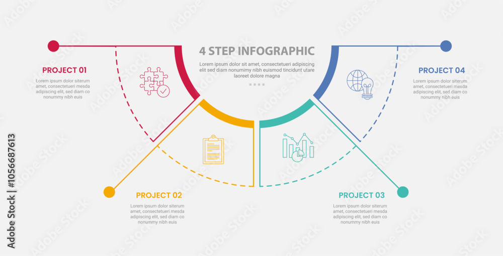 Poster 4 points template infographic outline style with 4 point step template with half circle pie chart se