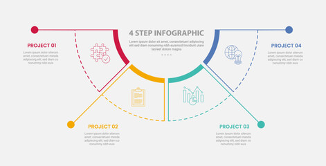 4 points template infographic outline style with 4 point step template with half circle pie chart separated with long line dot for slide presentation
