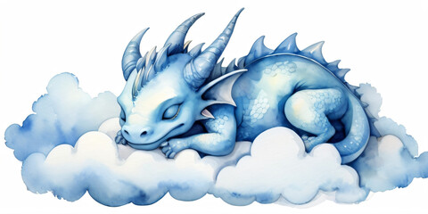 A blue dragon sleeps peacefully on fluffy clouds in a watercolor dream.