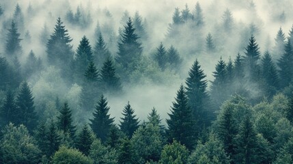 Fototapeta premium Misty Forest: Tall Trees, Lush Greenery, Enchanting Nature Scene