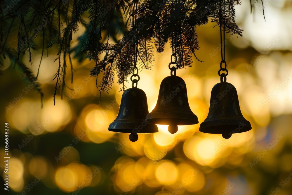 Poster three bells hanging from a tree branch, one of which is slightly larger than the other two. the scen
