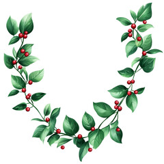 Fototapeta premium garland with green leaves and small red berries, minimalist style, isolated on png transparent background