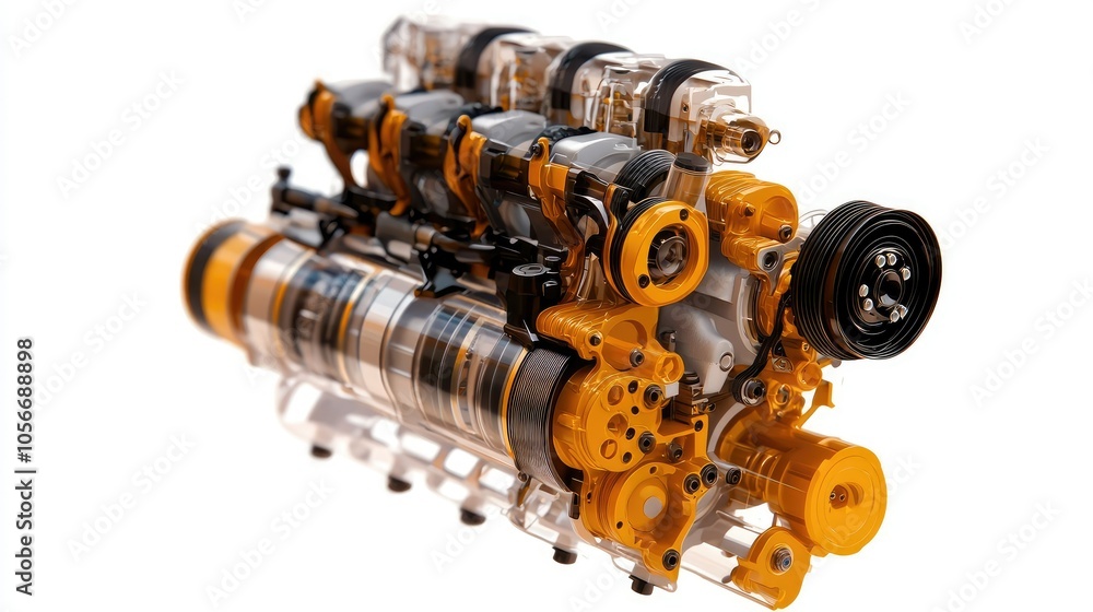 Poster detailed exploded view of an ice engine assembly with clear components and standard scale