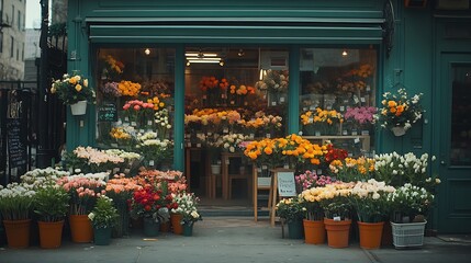 Charming Flower Shop Front with Diverse Fresh Blooms and Cozy Urban Setting : Generative AI
