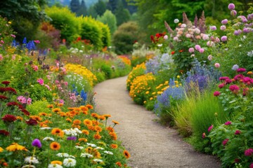 A winding path lined with vibrant wildflowers and greenery, forming a beautiful and natural flower border, garden paths, botanical gardens, flower borders