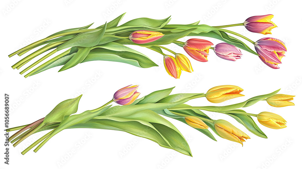 Poster isolated colorful tulip rows on transparent background generative ai