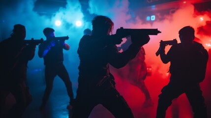 A group of men are playing a video game with guns