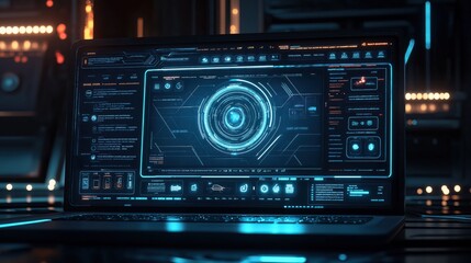 Obraz premium In a dim workspace, a laptop displays a vivid interface highlighting a locked padlock symbol, symbolizing strong cybersecurity measures and data protection in the digital age.