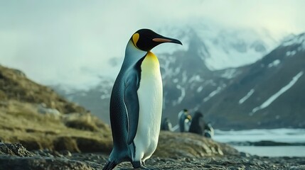 Fototapeta premium A majestic King Penguin standing proudly on an icy landscape, showcasing its vibrant orange and yellow plumage against a backdrop of glistening snow and ice. 