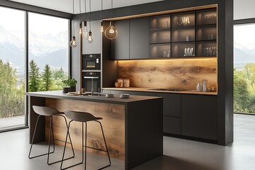Modern Elegant Kitchen Design with Mountain View and Natural Light : Generative AI