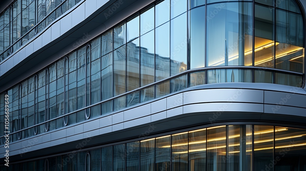 Poster modern architectural glass facade with curved windows in urban setting : generative ai