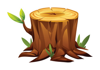 Tree stump with sprout and grass. Vector cartoon illustration