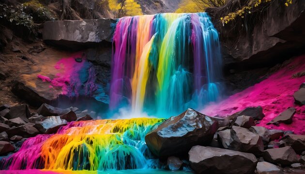 A vibrant and colorful waterfall with cascading rainbow water
